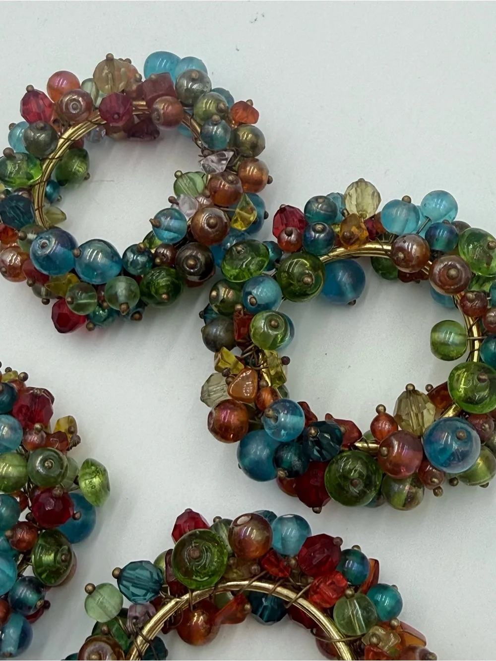 Vintage Pier 1 Glass Beaded Napkin Rings, Set Of 4, Boho, Colorful, Gold Rings